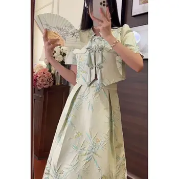 Модный Китайский традиционный костюм с короткой юбкой в стиле ретро, блузка с коротким рукавом, юбка-полукомбинезон с высокой талией, Элегантный Летний женский комплект