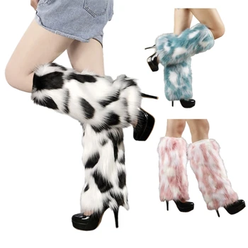 Женская меховая грелка для ног в стиле Харадзюку, осень-зима, готический цветной блок в горошек, искусственный мех, плюшевые бахилы, манжеты, Пушистые носки для Косплея