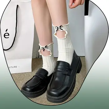 Однотонные черные Белые женские носки JK, носки с оборками, женские длинные носки в стиле Лолиты для милых девочек с жемчужным бантом
