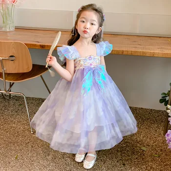 Panda Bady 2023, Новое летнее фиолетовое платье Hanfu для девочек, традиционная китайская одежда, платье принцессы с длинными рукавами для детей