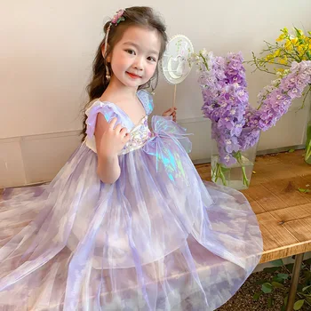 Panda Bady 2023, Новое летнее фиолетовое платье Hanfu для девочек, традиционная китайская одежда, платье принцессы с длинными рукавами для детей Изображение 2