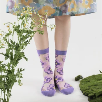 Японские Хрустальные шелковые носки Kawaii, Ультратонкие Прозрачные Летние женские эластичные Длинные носки Harajuku, Стеклянные Шелковые кружевные носки Изображение 2