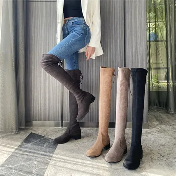 Рыцарские Длинные сапоги выше колена с круглым носком, женская обувь на квадратном каблуке, черные осенние ботинки Botas Femininas, Zapatos Mujer