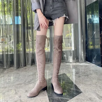 Рыцарские Длинные сапоги выше колена с круглым носком, женская обувь на квадратном каблуке, черные осенние ботинки Botas Femininas, Zapatos Mujer Изображение 2