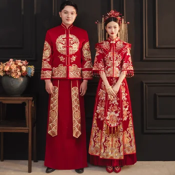 Элегантный воротник-стойка Свадебное платье Ципао Китайская Невеста Изысканная Красная Цветочная вышивка Чонсам Изображение 2