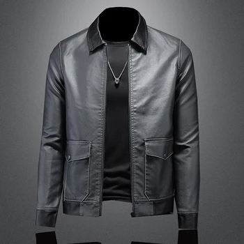 Мужская мотоциклетная кожаная куртка большого размера с карманом, черная молния с лацканами, приталенная мужская весенне-осенняя высококачественная куртка из искусственной кожи M-4Xl