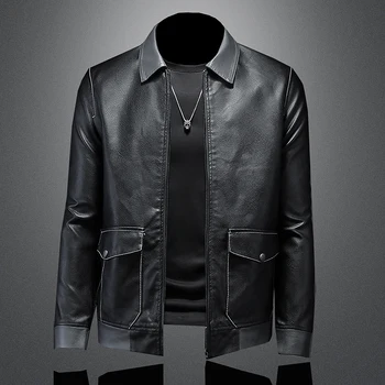 Мужская мотоциклетная кожаная куртка большого размера с карманом, черная молния с лацканами, приталенная мужская весенне-осенняя высококачественная куртка из искусственной кожи M-4Xl Изображение 2