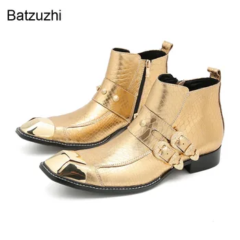 Batzuzhi/Мужские ботинки итальянского типа, Желтые Ботильоны из натуральной кожи с металлическим носком, Мужские ботинки на молнии и пряжках для рок-вечеринки для мужчин!