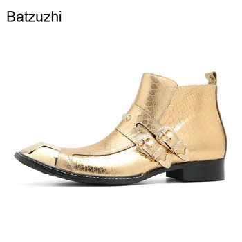 Batzuzhi/Мужские ботинки итальянского типа, Желтые Ботильоны из натуральной кожи с металлическим носком, Мужские ботинки на молнии и пряжках для рок-вечеринки для мужчин! Изображение 2