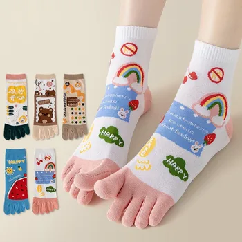 5 Пар/лот, Носки с пятью пальцами, Женские хлопковые носки с рисунком Медведя, Арбуза, Молодежные Повседневные модные носки с носком Harajuku