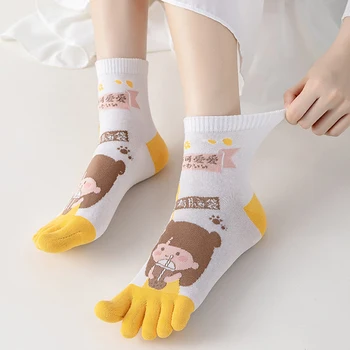5 Пар/лот, Носки с пятью пальцами, Женские хлопковые носки с рисунком Медведя, Арбуза, Молодежные Повседневные модные носки с носком Harajuku Изображение 2