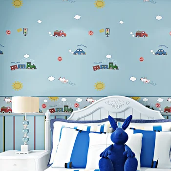 Обои с Рисунком Автомобиля Для Детской Спальни, Синие, бежевые Милые Обои Для Детской Комнаты, Нетканые Вертикальные Обои в Полоску