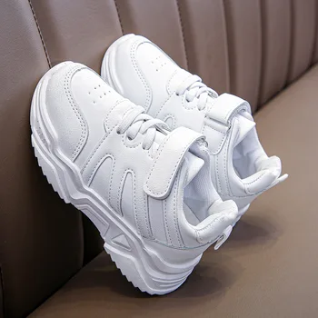 Детские белые кроссовки, повседневные толстые простые модные кроссовки для мальчиков 26-37 лет, противоскользящие детские кроссовки для бега Изображение 2
