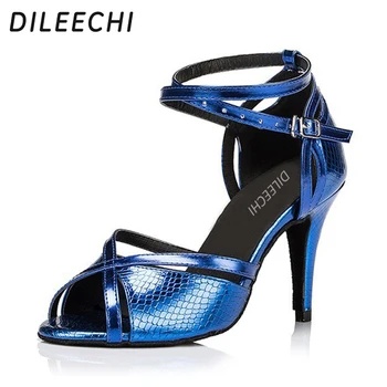 Женские синие туфли для латиноамериканских танцев из искусственной кожи DILEECHI, мягкая квадратная подошва, профессиональные танцевальные туфли, женские туфли для бальных танцев 8,5 см