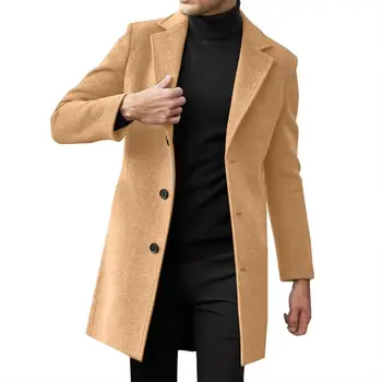 Мужское пальто простого дизайна, Стильное Мужское Шерстяное пальто С Лацканами, Однобортный Костюм Средней длины, Пальто с Боковыми карманами, Однотонный цвет