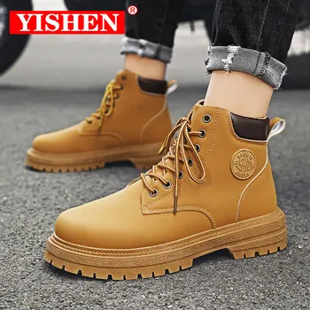 Мужские ботинки YISHEN, Классическая зимняя Кожаная обувь ручной работы Для мужчин, Мотоциклетные ботинки, Уличные ботильоны, Ботфорты желтого цвета