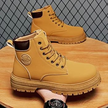 Мужские ботинки YISHEN, Классическая зимняя Кожаная обувь ручной работы Для мужчин, Мотоциклетные ботинки, Уличные ботильоны, Ботфорты желтого цвета Изображение 2