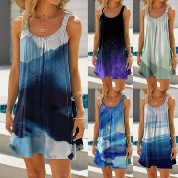 Повседневные платья для женщин, Новинка лета 2023, Красочный ремень с градиентным принтом, Пляжное Свободное мини-женское платье с 3D принтом