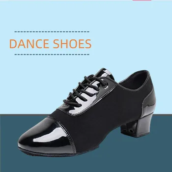 Детская обувь для латиноамериканских танцев Для взрослых, обувь для мальчиков на мягкой замшевой подошве, Бальное танго, Джаз, Танцевальные туфли из лакированной кожи, устойчивый каблук 3,5 см, черный