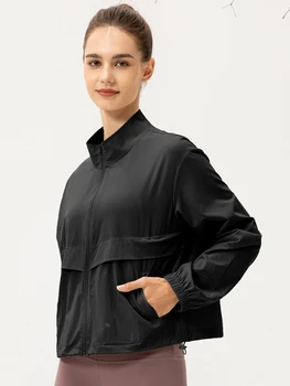 Женские ветровки с длинным рукавом 2022, легкая солнцезащитная Ветрозащитная черная куртка для спорта и отдыха, куртка для бега, пальто для йоги