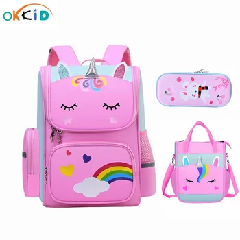 OKKID сумки для начальной школы для девочек 6-12 лет, детская сумочка, милый школьный рюкзак с 3D рисунком, сумка для студенческих книг, сумка для ручек и карандашей
