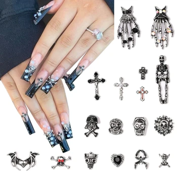 10 шт. ретро металлические подвески для ногтей в готическом стиле панк на Хэллоуин, 3D череп/крест/паук, детали для ногтей, сплав, блестящие стразы, принадлежности для маникюра