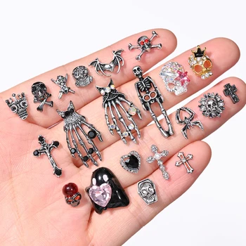 10 шт. ретро металлические подвески для ногтей в готическом стиле панк на Хэллоуин, 3D череп/крест/паук, детали для ногтей, сплав, блестящие стразы, принадлежности для маникюра Изображение 2