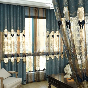 Изготовленные на заказ шторы пепельно-голубого цвета современная роскошная европейская плотная бархатная ткань с вышивкой, плотная занавеска, тюлевая панель