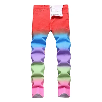 Модные джинсовые брюки с красочным принтом в стиле хип-хоп Харакудзу, Джинсовые брюки в стиле Пэчворк с цветным блоком для Мужчин, Облегающие