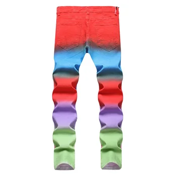 Модные джинсовые брюки с красочным принтом в стиле хип-хоп Харакудзу, Джинсовые брюки в стиле Пэчворк с цветным блоком для Мужчин, Облегающие Изображение 2