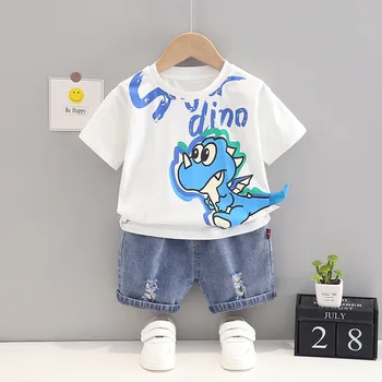 Летняя одежда для маленьких мальчиков, футболки с короткими рукавами и рисунком динозавра из мультфильма, топы и джинсовые шорты, комплект одежды для мальчиков