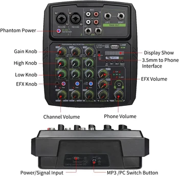 4-Канальная Звуковая Микшерная плата, аудиоинтерфейсная консольная система и фантомное питание 48 В с Bluetooth для студийной записи Изображение 2