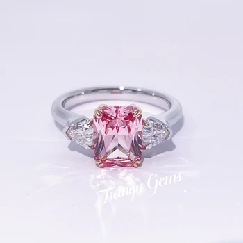 Кольцо с Розовым Лабораторным Сапфиром Tianyu Gems, Сияющее 8x6 мм, 18 К, 14 К, 10 К, Белое Золото, Муассанит, Женское Обручальное Кольцо с 3 Камнями