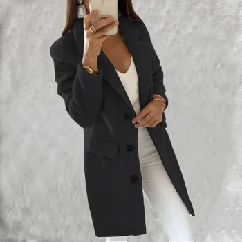 Осенне-зимняя новинка 2022, Женская повседневная куртка, Однотонное шерстяное пальто с воротником для костюма Изображение 2