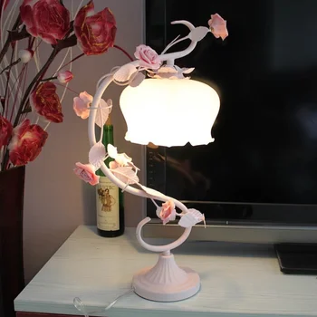 Настольная лампа с розовой керамической розой, романтическая настольная лампа 