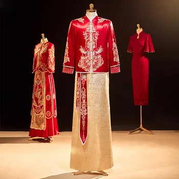 Men Toast Clothing Bridegroom Chinese Style Red Dragon Embroidery Sequins Wedding Dress Tang Suit костюм для восточных