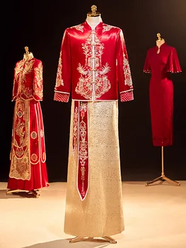 Men Toast Clothing Bridegroom Chinese Style Red Dragon Embroidery Sequins Wedding Dress Tang Suit костюм для восточных Изображение 2