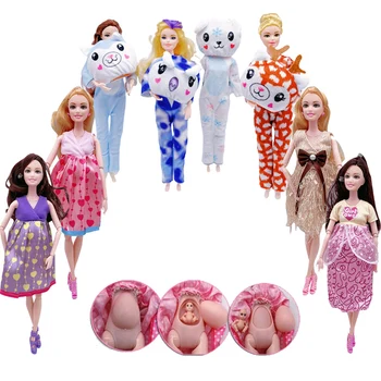 Беременная кукла ручной работы с 2 младенцами + Одежда с мультяшными животными, Аксессуары для игры в Барби, кукла 1/6 30 см, игрушки для девочек