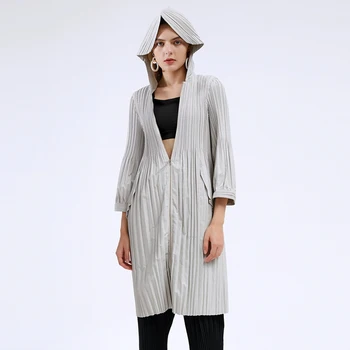 Miyake Плиссированная куртка на молнии, Осенняя корейская модная Длинная ветровка, Повседневный тренч с капюшоном, Дизайнерская женская одежда
