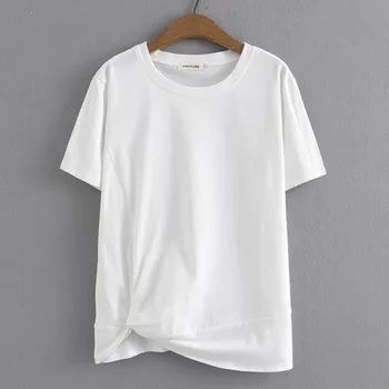 Женская базовая футболка большого размера, Лето 2023, Хлопковые белые футболки с круглым вырезом и узлом, Топы с коротким рукавом, Одежда большого размера