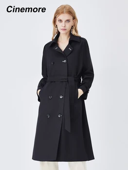 Cinemore 2022, Новая брендовая осенняя женская куртка в английском стиле, Непромокаемый Классический двубортный черный тренч logn, F22012