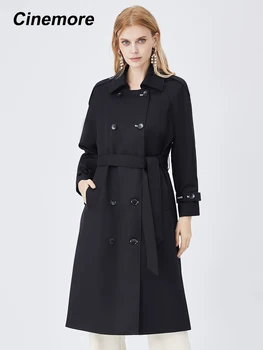 Cinemore 2022, Новая брендовая осенняя женская куртка в английском стиле, Непромокаемый Классический двубортный черный тренч logn, F22012 Изображение 2