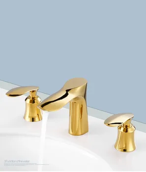Роскошный золотой кран для раковины в ванной комнате, твердый латунный медный смеситель для бассейна с холодной и горячей водой, кран с тремя отверстиями и двумя ручками, золотой кран для бассейна