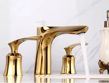 Роскошный золотой кран для раковины в ванной комнате, твердый латунный медный смеситель для бассейна с холодной и горячей водой, кран с тремя отверстиями и двумя ручками, золотой кран для бассейна Изображение 2