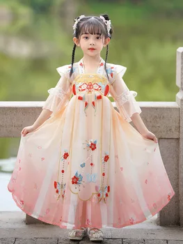Китайский Розовый цветок с Вышивкой Hanfu, Детский Карнавальный костюм Феи для косплея, Танцевальное платье для девочек Изображение 2