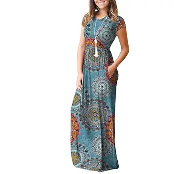 Летнее Плиссированное платье с коротким рукавом в стиле ампир, круглый вырез, Макси, Длинные карманы с Цветочным Рисунком, платье Изображение 2