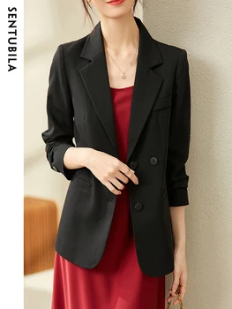 Офисные женские Черные Блейзеры Sentubila, Куртки для женщин 2023, Весенняя рабочая Деловая Двубортная прямая верхняя одежда с длинным рукавом