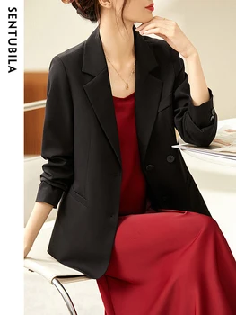 Офисные женские Черные Блейзеры Sentubila, Куртки для женщин 2023, Весенняя рабочая Деловая Двубортная прямая верхняя одежда с длинным рукавом Изображение 2