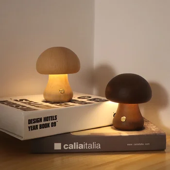 Светодиодный ночник с деревянным грибом, перезаряжаемый с сенсорным выключателем, Прикроватная настольная лампа для спальни, ночники для сна в детской комнате