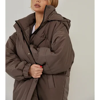 Женское зимнее пальто на утином пуху толщиной 90 мм с капюшоном и длинным рукавом, Свободные теплые пальто для женщин, Стильная пуховая куртка, пуховая куртка Изображение 2